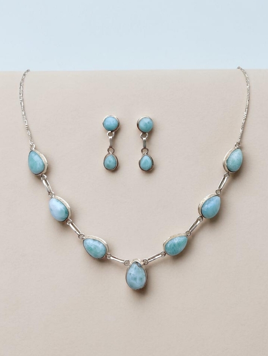 925 Sterling Silver Jewelry - Vintage Sterling Silver Larimar Necklace And Earrings Set